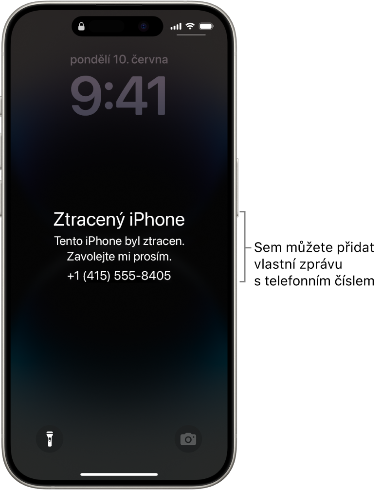 Uzamčená obrazovka iPhonu se zprávou o jeho ztrátě. Podle potřeby si můžete nastavit vlastní zprávu s telefonním číslem.