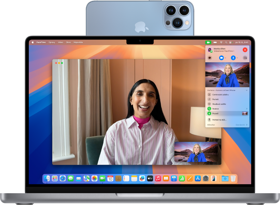 MacBook Pro využívající iPhone jako webovou kameru v zobrazené konverzaci ve FaceTimu
