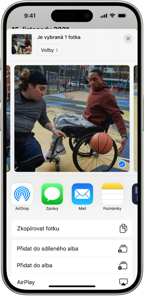 V horní polovině displeje iPhonu je vidět vybraná fotka a pod ní je pruh s možnostmi sdílení. Dole se zobrazují další možnosti, jako jsou Zkopírovat fotku, Přidat do sdíleného alba, Přidat do alba a AirPlay.