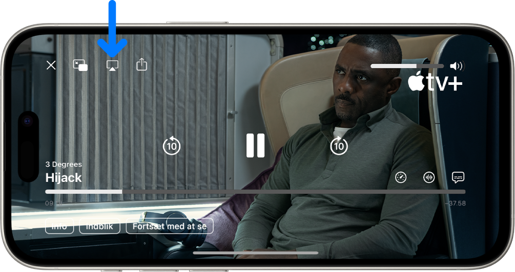En film, der afspilles på skærmen på iPhone. Midt på skærmen vises betjeningspanelet til afspilning. Knappen AirPlay er øverst til venstre.