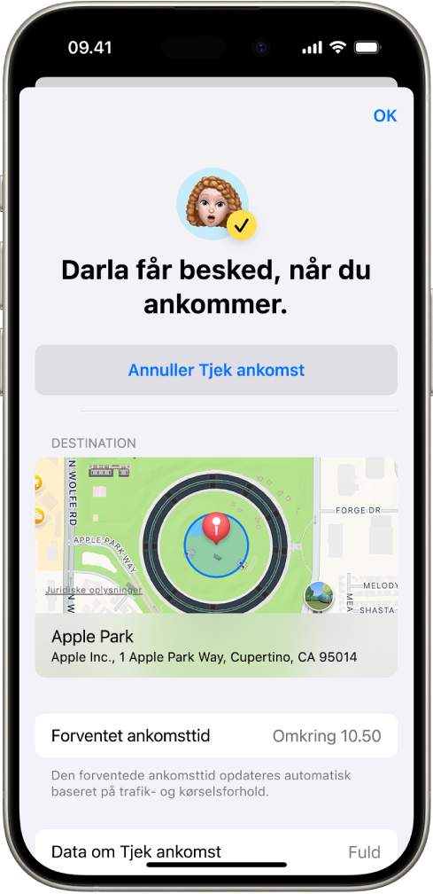 En Tjek ankomst-skærm viser, at en ven vil få besked om 14 minutter. Under den er der muligheder for at forlænge tiden eller annullere Tjek ankomst. Nederst er der et kort, som viser den aktuelle lokalitet.