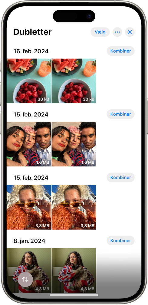 Skærmen Dubletter, der viser dublerede fotos ved siden af hinanden. På skærmens højre side vises knapperne Kombiner til at kombinere hvert par af dublerede fotos.