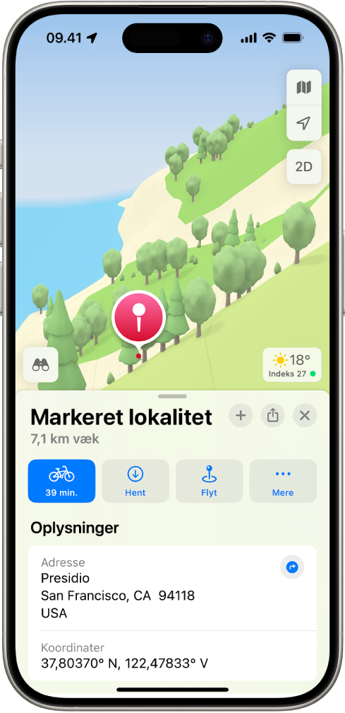 Et kort, der viser en fastgjort nål i en park. Under det vises der knapper til vejvisning til nålen, til overførsel af kort over omgivelserne eller til at flytte den.