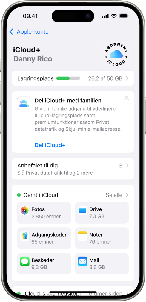 Skærmen iCloud-indstillinger viser iCloud-lagermåleren og en liste over apps og funktioner, herunder Fotos, iCloud Drive og iCloud-mail, som kan bruges med iCloud.