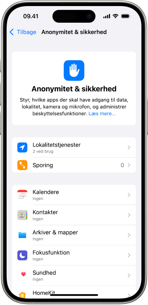Skærmen Anonymitet & sikkerhed i Indstillinger.