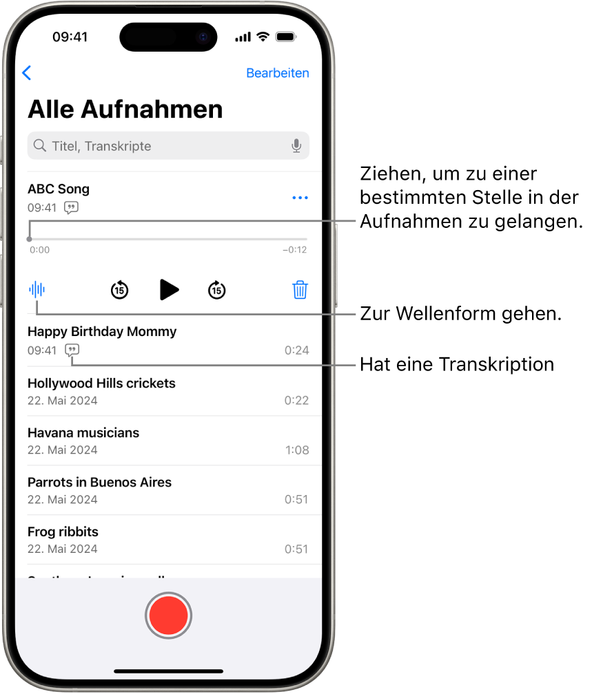 Der Bildschirm der App „Sprachmemos“ mit der Liste der Aufnahmen und der ausgewählten Aufnahme oben. In der Timeline der Aufnahme befindet sich die Abspielposition, die du zu einer bestimmten Stelle in deiner Aufnahme bewegen kannst. Unter der Timeline sind die Steuerelemente für die Wiedergabe.