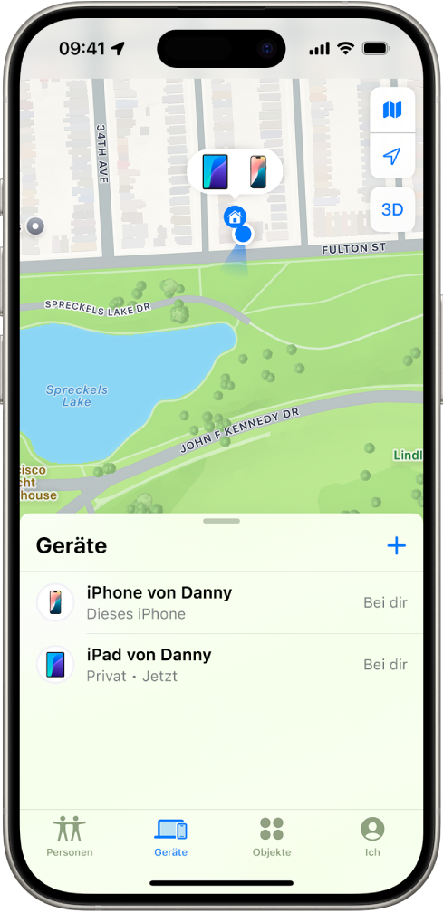 Der Bildschirm „Wo ist?“ auf dem zwei Geräte zu Hause zu sehen sind.