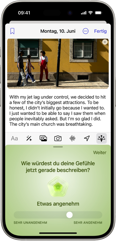 Ein Journaleintrag mit einem Bereich unten zum Protokollieren deines Gemütszustands.