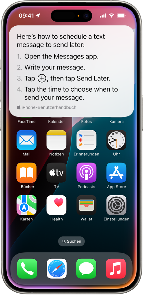 Der Home-Bildschirm des iPhone mit den von Siri bereitgestellten Schritten zum Planen einer Textnachricht, um diese später zu senden.