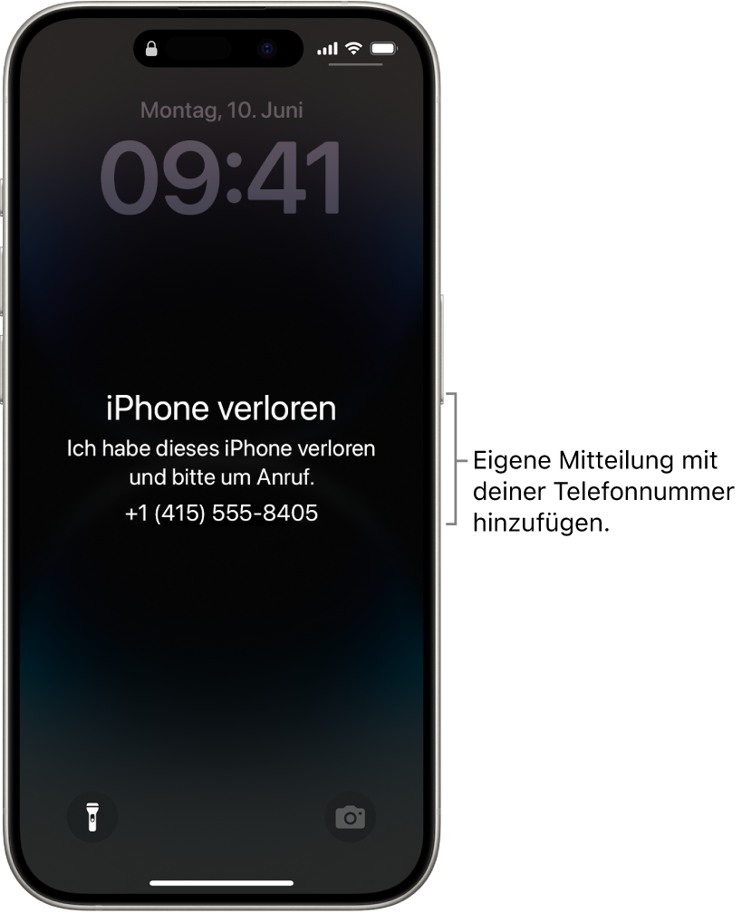 Ein iPhone-Sperrbildschirm mit der Nachricht „iPhone verloren“. Du kannst eine eigene Nachricht mit deiner Telefonnummer hinzufügen.