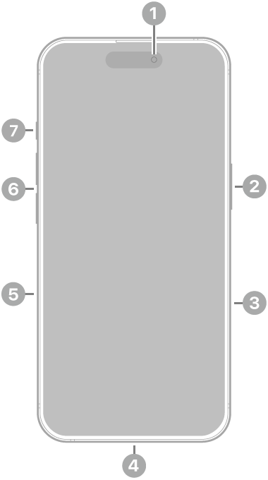 Vorderansicht des iPhone 16 Pro. Oben in der Mitte befindet sich die Frontkamera. Die Seitentaste und die Kamerasteuerung befinden sich auf der rechten Seite. An der Unterseite befindet sich der USB-C-Anschluss. An der linken Seite von unten nach oben befinden sich das SIM-Fach, die Lautstärketasten und die Aktionstaste.
