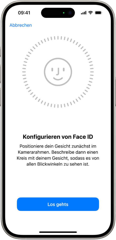 Der Konfigurationsbildschirm für die Face ID-Erkennung. Auf dem Bildschirm ist ein Gesicht zu sehen, das von einem Kreis umgeben ist. Der Text unter dem Gesicht weist den:die Benutzer:in an, den Kopf langsam zu bewegen, um den Kreis zu schließen.
