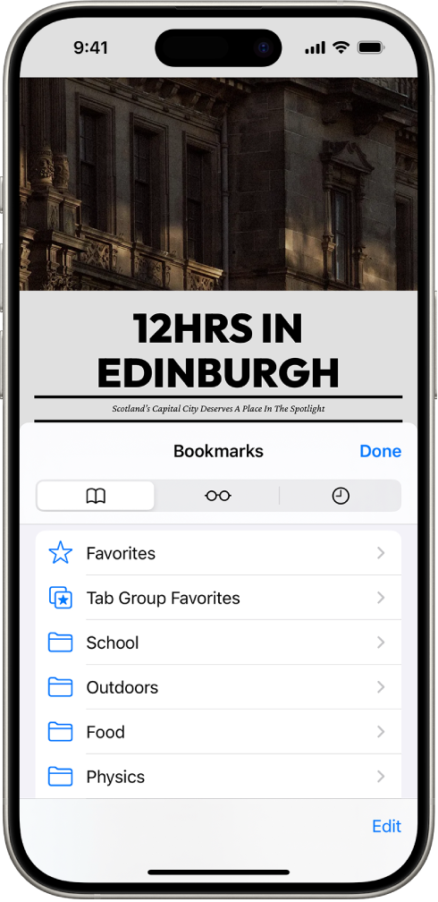 The Bookmarks screen, with options to see your bookmarks, the Reading List, and your browsing history.