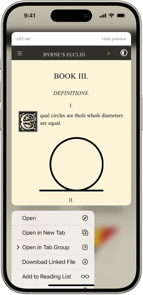 A preview of a website followed by a list of possible actions: Open, Open in New Tab, Open in Tab Group, Download Linked File, and Add to Reading List.