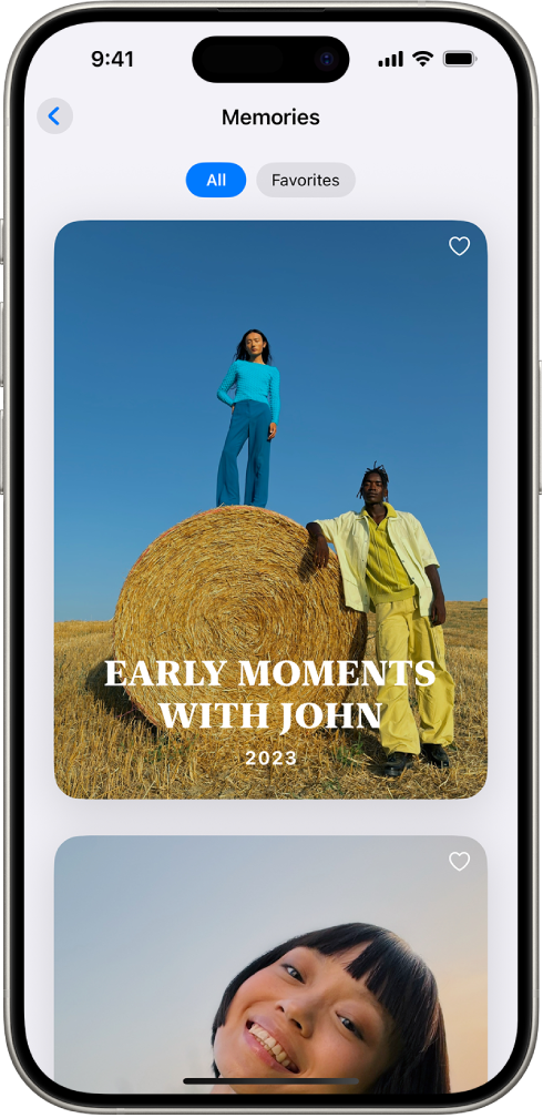 The Photos app is open to the Memories collection. The All tab is selected, with a list of memories below.