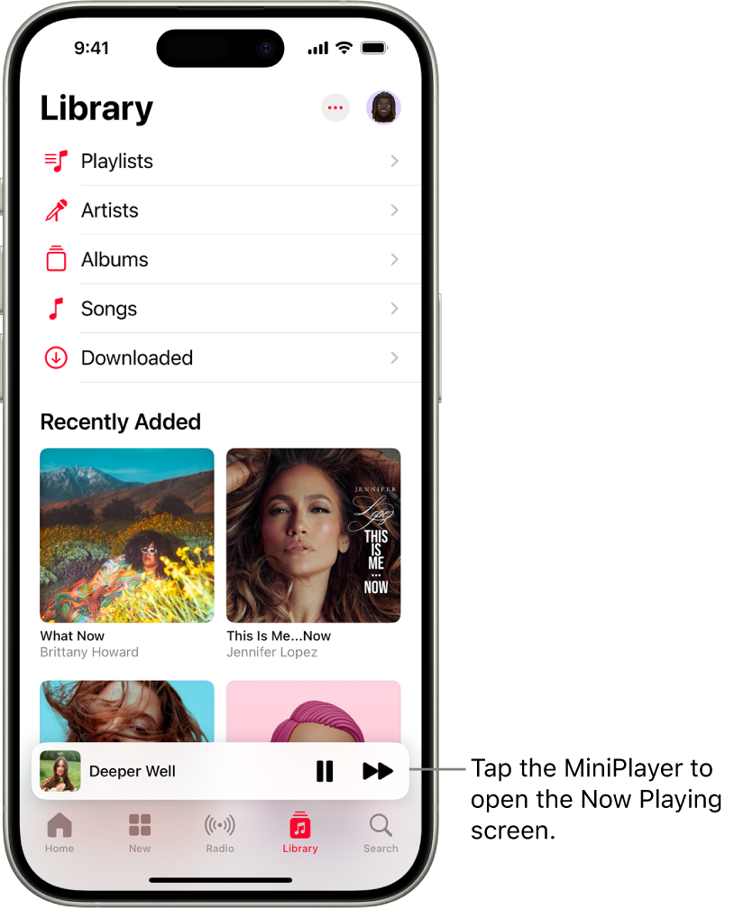 The Library screen, showing the MiniPlayer near the bottom. The MiniPlayer shows the title of the song that’s playing. The Pause and Next Track buttons are to the right of the song title. Tap the MiniPlayer to open the Now Playing screen.