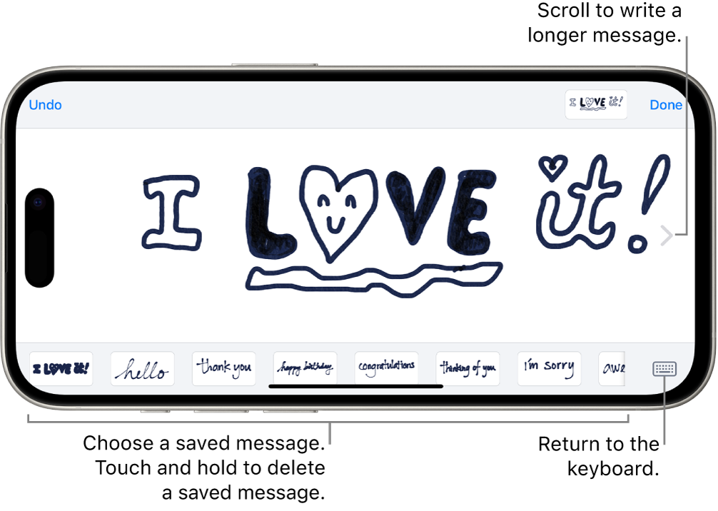 The canvas for composing a handwritten message. Along the bottom, from left to right, are saved handwritten items and the Keyboard button.
