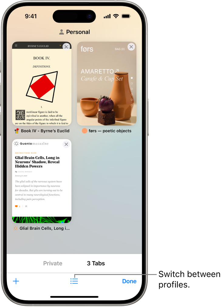 An iPhone screen, showing open Safari tabs. A Safari Tabs Group icon is at the bottom of the screen. Tap the icon to switch between profiles.
