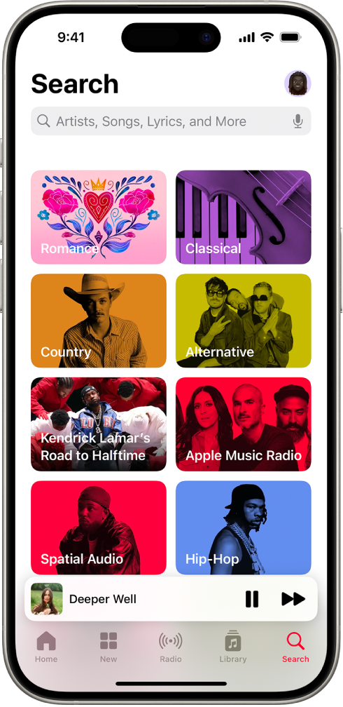 The Search screen showing a search field at the top. Eight categories of music appear below.