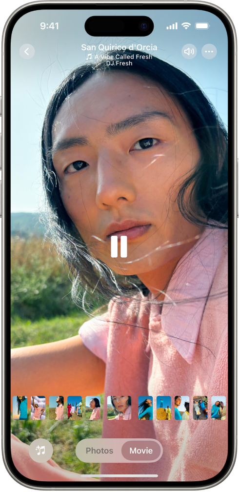 A memory is playing in the middle of the screen. At the bottom of the screen, from left to right, are the Memory Mixes, Photos, and Movie buttons. At the top right are the Volume, More, and Close buttons. At the top left are the title of the memory and the name of the song and artist playing.