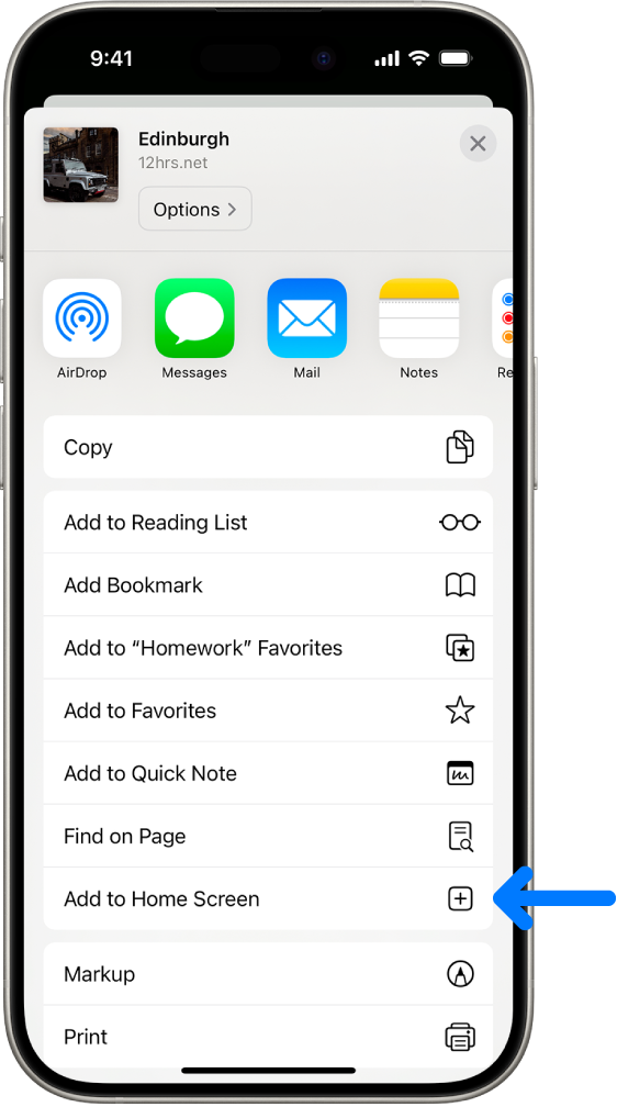 In Safari, the Share button on a website has been tapped, displaying a list of options, including Add to Home Screen.