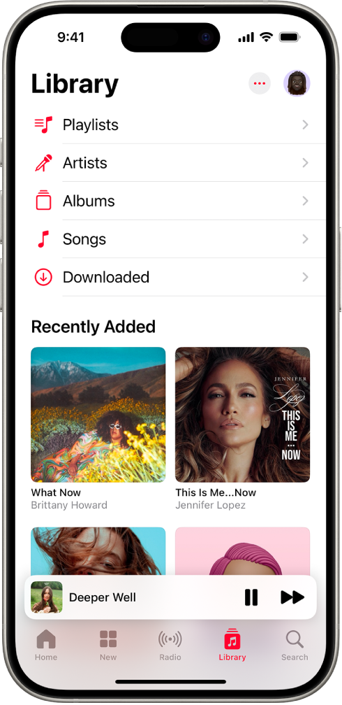The Library screen showing a list of categories including Playlists, Artists, Albums, Songs, and Downloaded. The Recently Added heading appears below the list. The MiniPlayer showing the title of the current song and the Pause and Next buttons appear near the bottom.