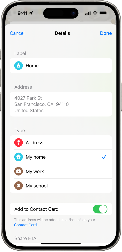 The Maps app showing the Details screen with options to set an address as home, work, or school.
