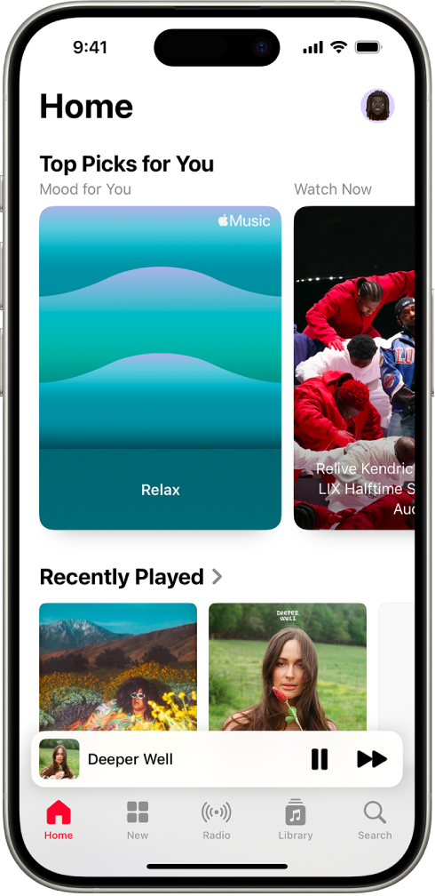 The Home screen in the Music app showing Top Picks at the top. You can swipe left or right to view more music chosen just for you. Recently Played appears below.
