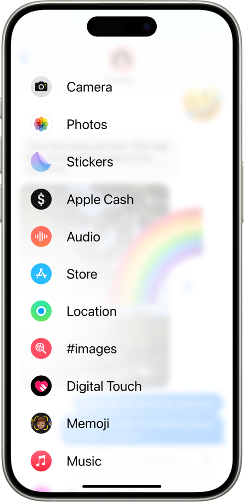 After tapping the Apps button in a Messages conversation, a list of features to add to your message appears.