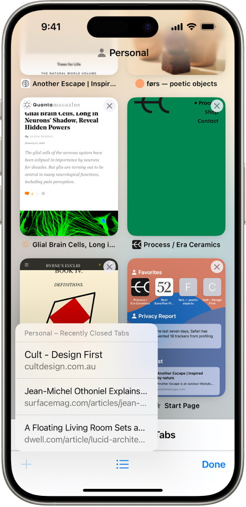 Previews of open tabs are visible on the screen. At the bottom left of the screen, the New Tab button is selected, revealing a list of recently closed tabs.