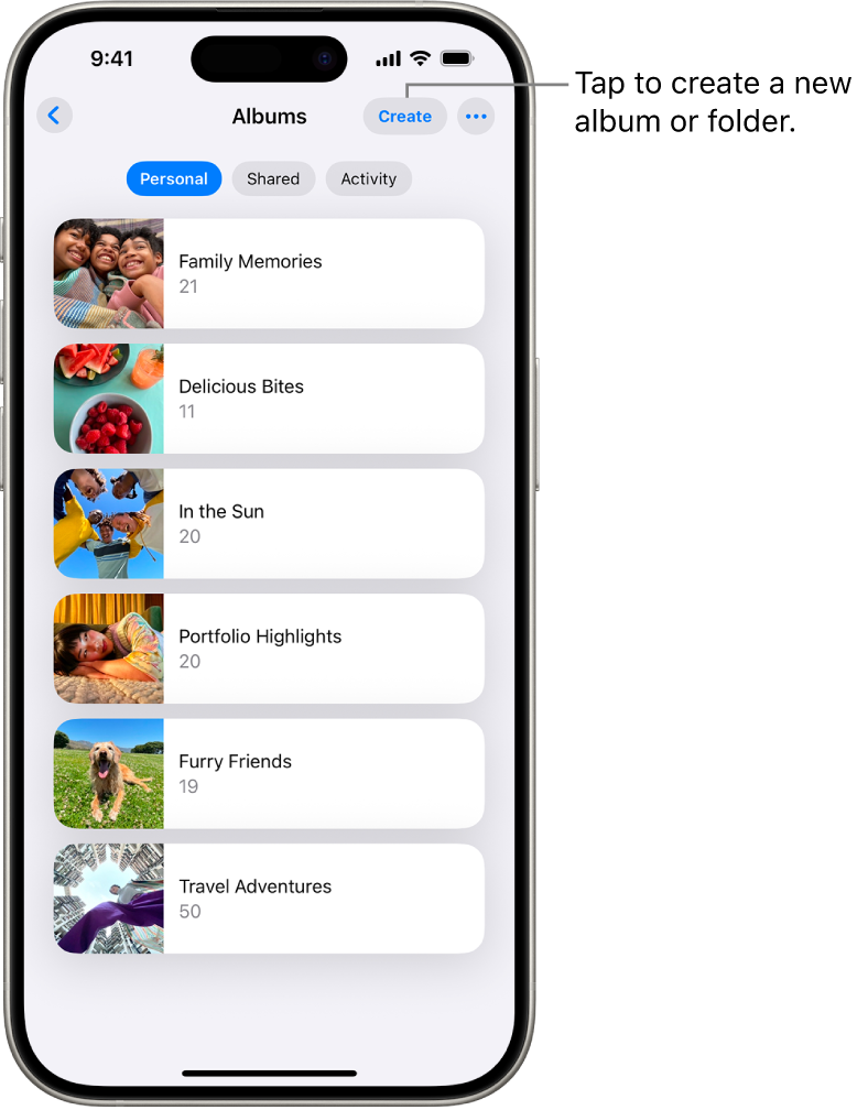 Albums are open in the Photos app. The Personal tab is selected; below that is a list of albums.