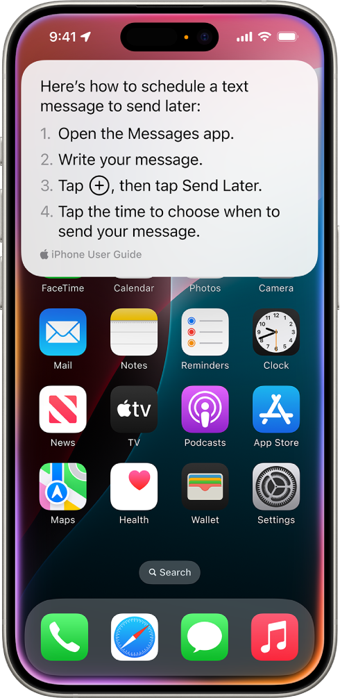 The iPhone Home Screen showing the Siri-provided steps for scheduling a text message to send later.