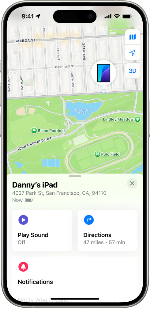 The Find My screen showing the location of an iPad on a map at the top of the screen.