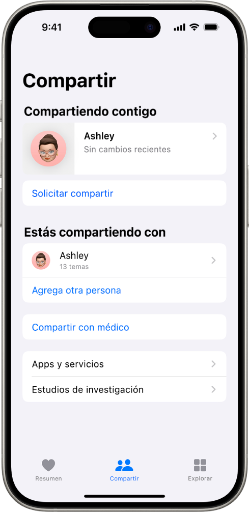 La pantalla Compartir de la app Salud.