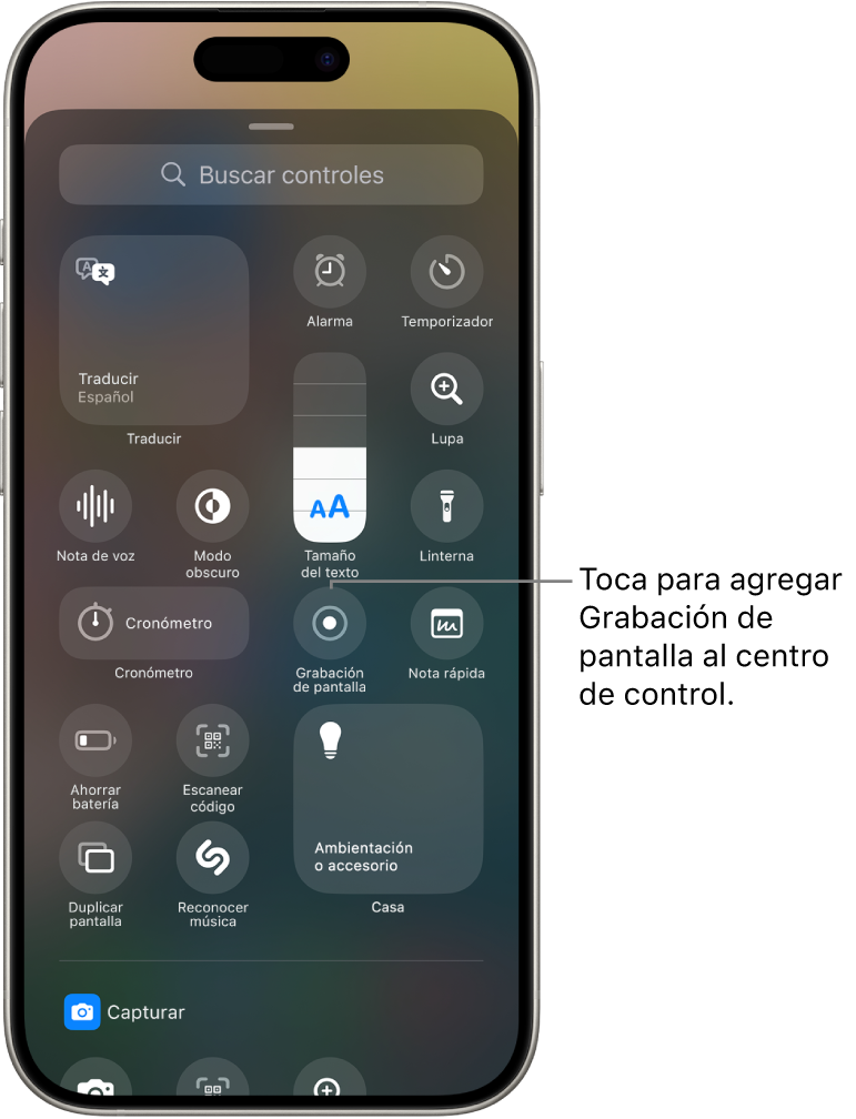 En la galería de controles, el botón Grabación de pantalla está en el centro de la pantalla.