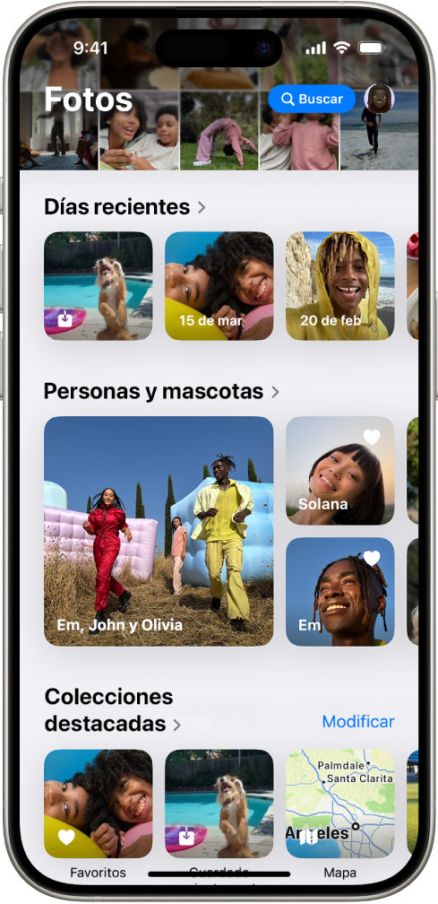 La app Fotos está abierta. La parte superior de la pantalla muestra la fototeca en una cuadrícula. Debajo se encuentran las opciones Días recientes, Personas y mascotas y Colecciones destacadas.