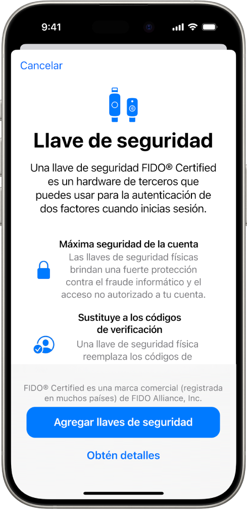 Pantalla de bienvenida a las llaves de seguridad. Cerca de la parte inferior se encuentra el botón Agregar llaves de seguridad y un enlace para obtener detalles. Arriba de estos hay un texto que explica los beneficios de usar las llaves de seguridad.