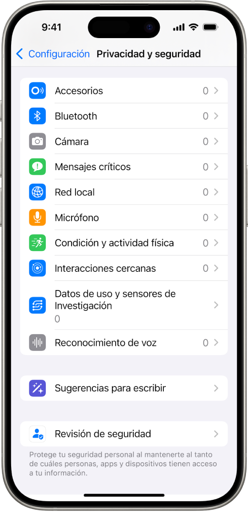 La pantalla Privacidad y seguridad, con la configuración para controlar si las apps pueden usar la cámara, el micrófono y otras partes de tu iPhone.