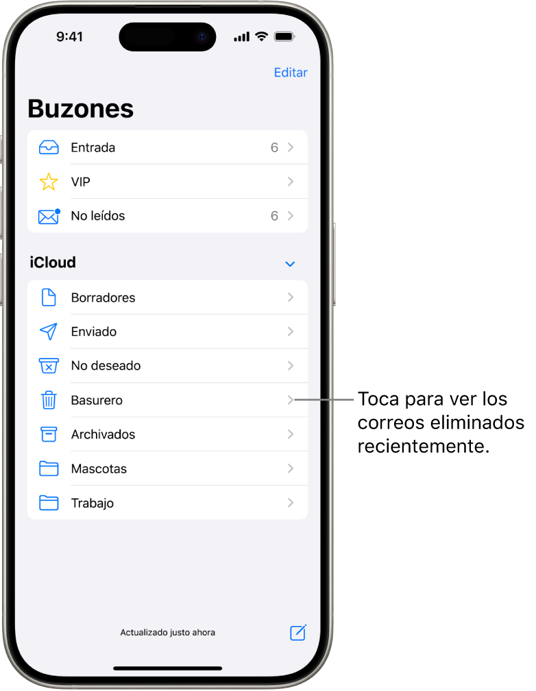 La pantalla Buzones. Debajo de iCloud, hay una lista de buzones que incluye el buzón Basurero. Tócalo para ver los mensajes de correo eliminados recientemente.