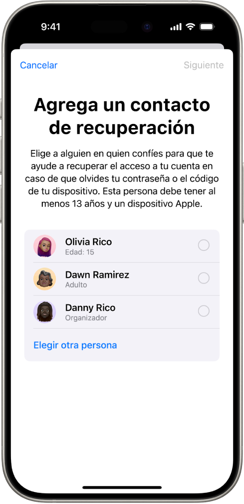 La pantalla Agregar contacto de recuperación mostrando contactos sugeridos para seleccionarlos como contacto de recuperación, y la opción de seleccionar a alguien más.