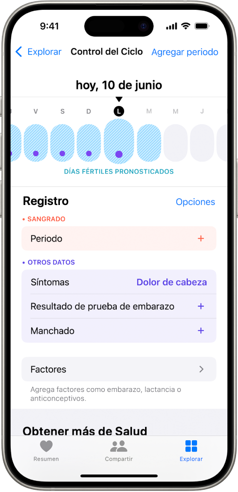 La pantalla Control del Ciclo con una línea del tiempo cerca de la parte superior que muestra un pronóstico de días fértiles. Debajo de la línea del tiempo hay opciones para agregar información sobre el periodo, los síntomas y más.