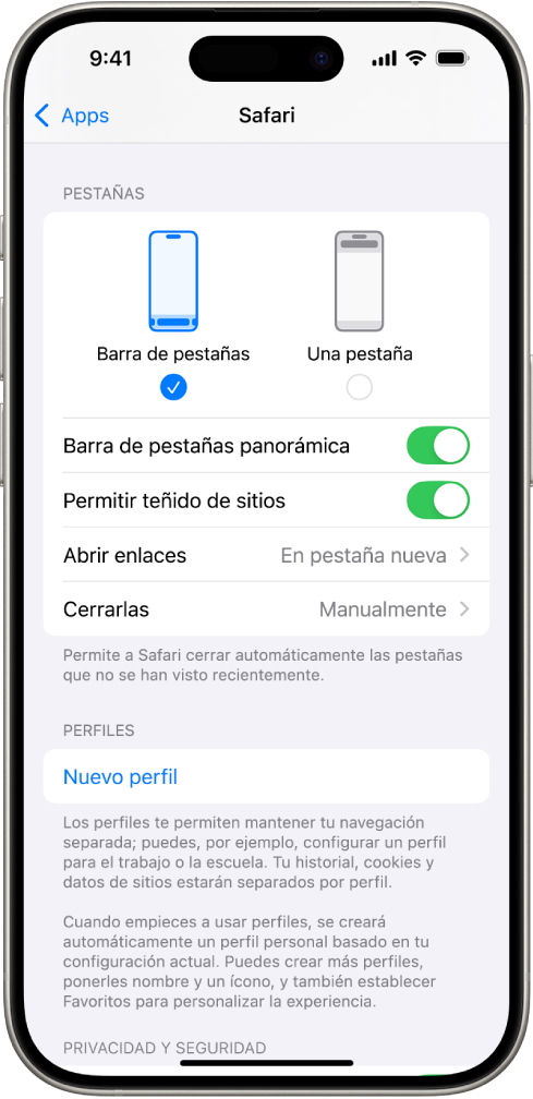 Una pantalla mostrando las dos opciones de diseño de Safari: Barra de pestaña y Una pestaña.