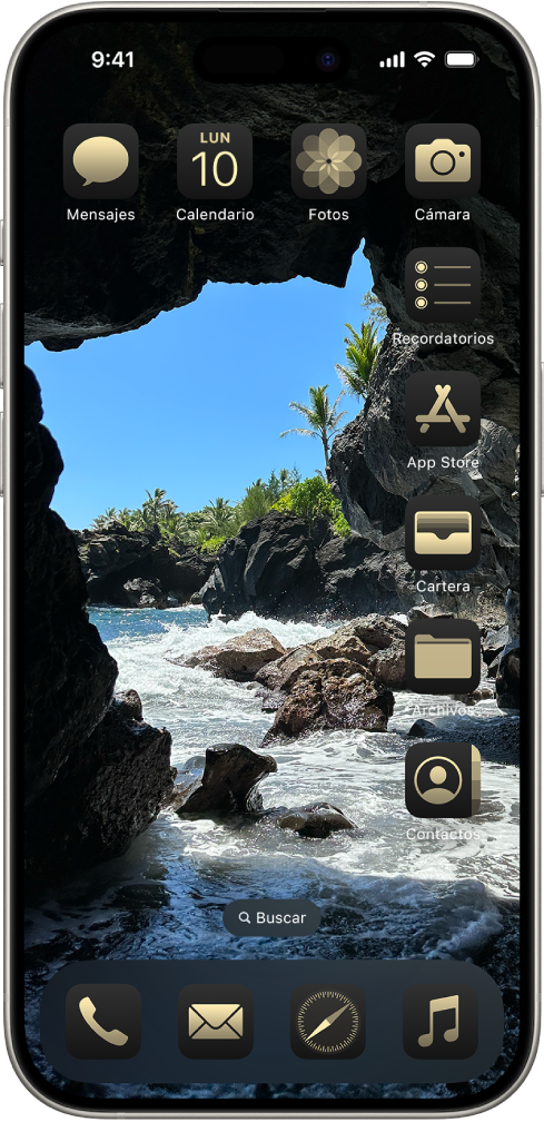 Pantalla de inicio personalizada con iconos tintados de color dorado y dispuestos a lo largo de los bordes superior y lateral derecho de la foto para enmarcarla.
