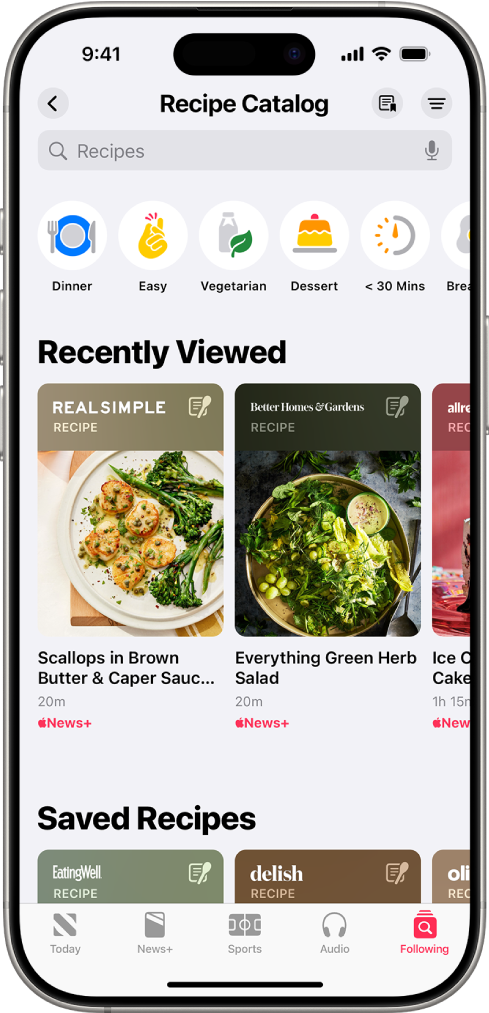 Búsqueda de recetas de cocina en Apple News+.