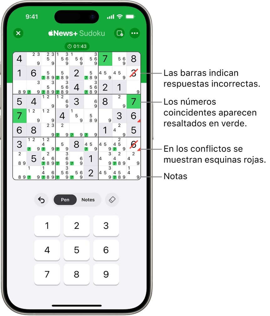 Sudoku con varias funciones activadas: Notes, “Highlight Matching Numbers”, “Show Conflicts” y Autocheck.