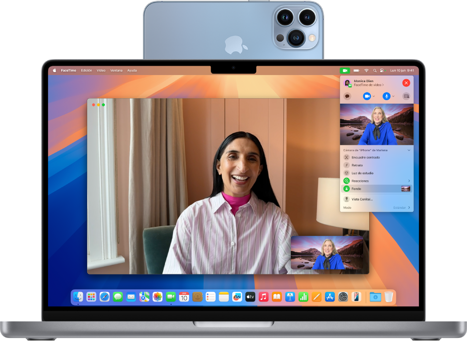 MacBook Pro con un iPhone como cámara web que muestra una conversación de FaceTime activa.