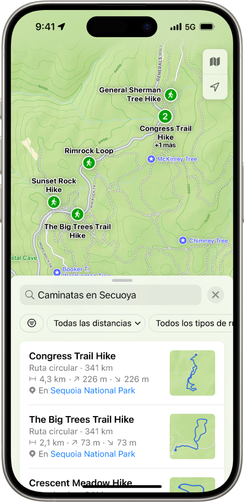 App Mapas con los resultados de una búsqueda de rutas de senderismo de un parque nacional.