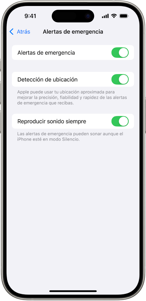 Pantalla “Alertas de emergencia” con las opciones “Alertas de emergencia”, “Detección de ubicación” y “Reproducir sonido siempre” activadas.