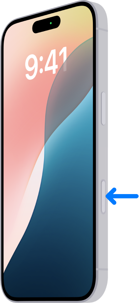 Una flecha apunta hacia la ubicación del control de la cámara, en el lateral del iPhone.