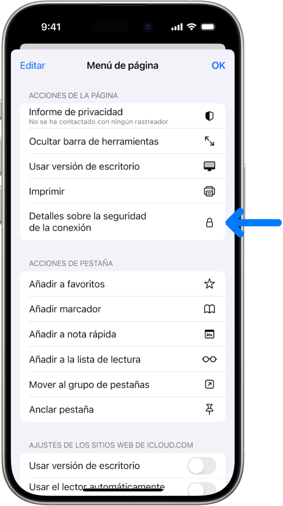 El menú “Ajustes de página” está abierto en la app Safari y el control “Detalles sobre la seguridad de la conexión” se encuentra a mitad de página.